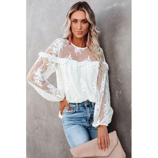 White Solid Color Crewneck Lace Mesh Ruffle Top