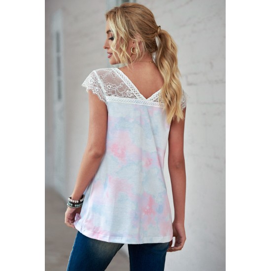 White Lace Splicing V Neck Short Sleeve Tie-dye Top