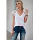 White Lace Splicing V Neck Short Sleeve Tie-dye Top