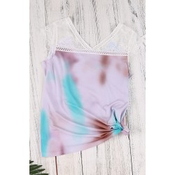 Multicolor Lace Splicing V Neck Short Sleeve Tie-dye Top