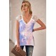 Purple Lace Splicing V Neck Short Sleeve Tie-dye Top