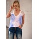 Purple Lace Splicing V Neck Short Sleeve Tie-dye Top