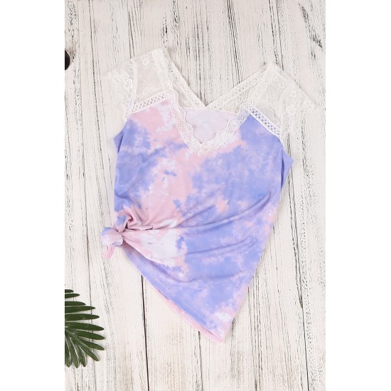 Purple Lace Splicing V Neck Short Sleeve Tie-dye Top