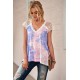 Purple Lace Splicing V Neck Short Sleeve Tie-dye Top