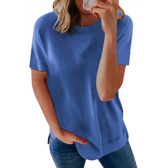 Blue Round Neck Short Sleeve Solid Color Tee