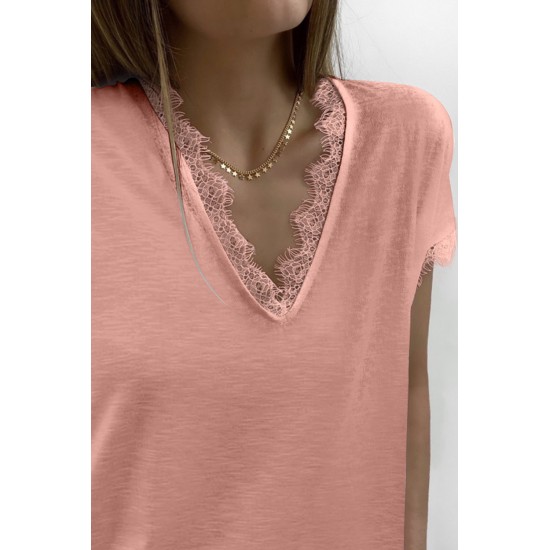 Pink V Neck Lace Trim Short Sleeve Top