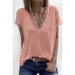 Pink V Neck Lace Trim Short Sleeve Top