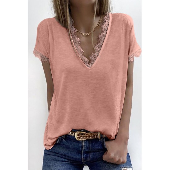 Pink V Neck Lace Trim Short Sleeve Top