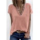 Pink V Neck Lace Trim Short Sleeve Top