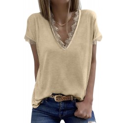 Apricot V Neck Lace Trim Short Sleeve Top