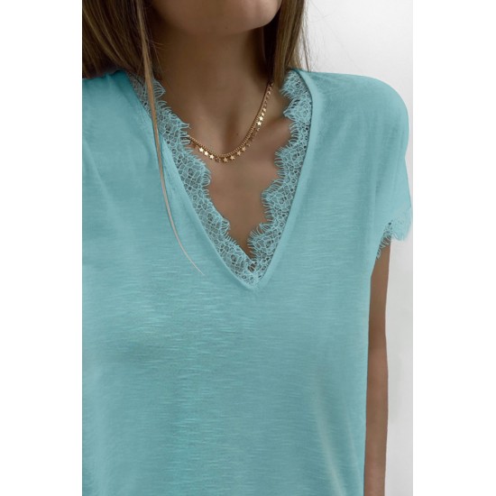 Sky Blue V Neck Lace Trim Short Sleeve Top