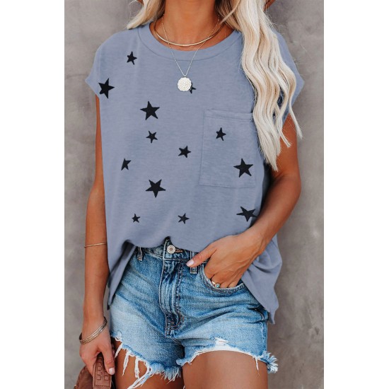 Grey Crew Neck Star Print T-shirt with Pocket