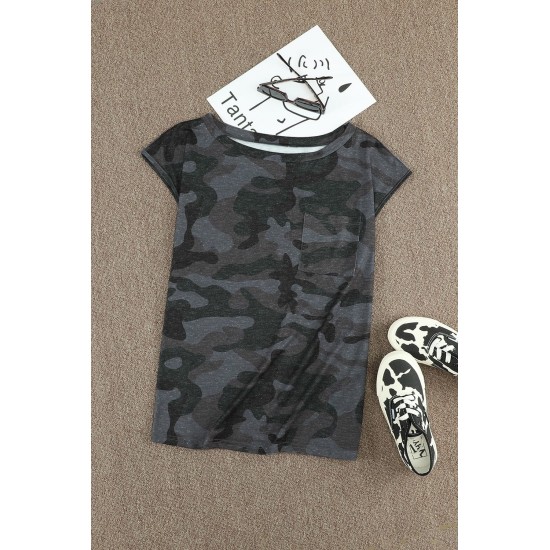 Crew Neck Camo Print T-shirt with Pocket