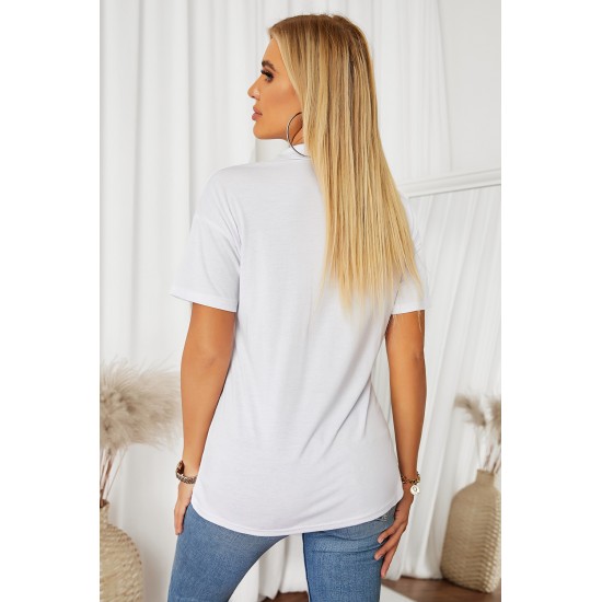 White Collared V Neck Drop Sleeves T-shirt