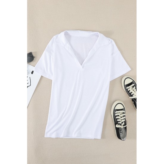 White Collared V Neck Drop Sleeves T-shirt