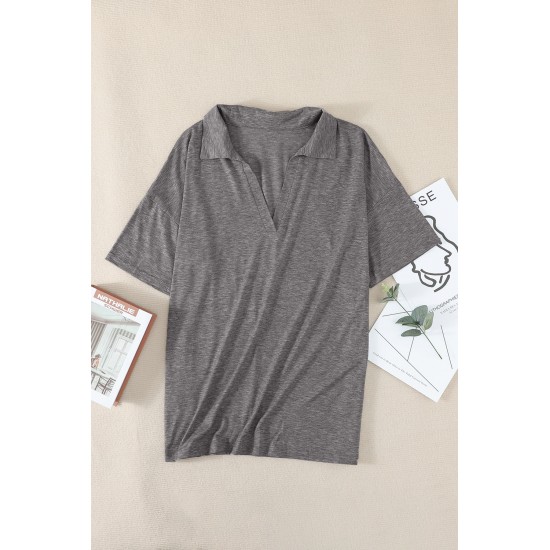 Gray Collared V Neck Drop Sleeves T-shirt