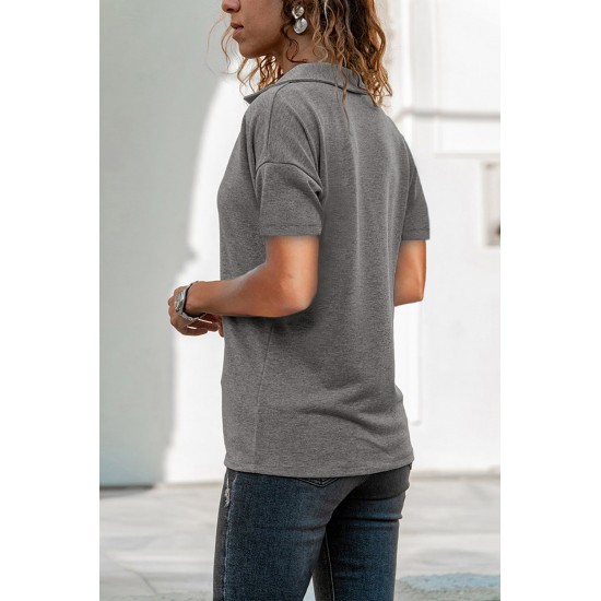 Gray Collared V Neck Drop Sleeves T-shirt