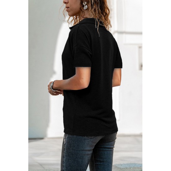 Black Collared V Neck Drop Sleeves T-shirt