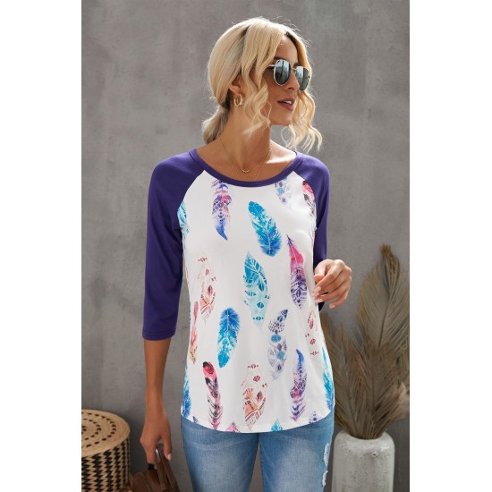 Purple Feather Print three quarter Sleeve Top