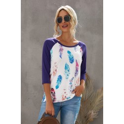 Purple Feather Print three quarter Sleeve Top