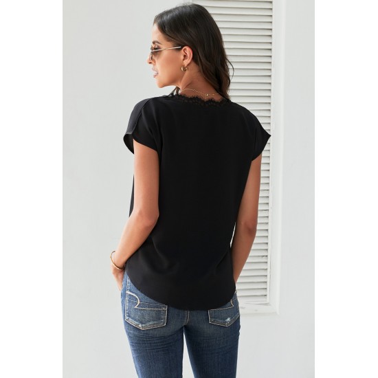 Black V Neck Lace Trim T-shirt