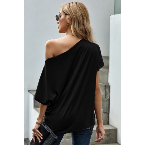 Black Off-The-Shoulder Slash Neck Casual Loose Fitting Top