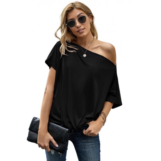 Black Off-The-Shoulder Slash Neck Casual Loose Fitting Top