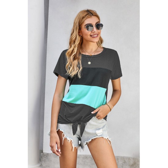 Gray Color Block Panel Front T-shirt with Knot