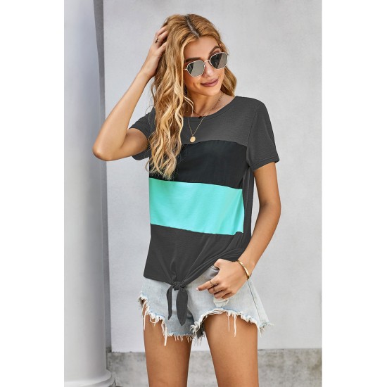 Gray Color Block Panel Front T-shirt with Knot