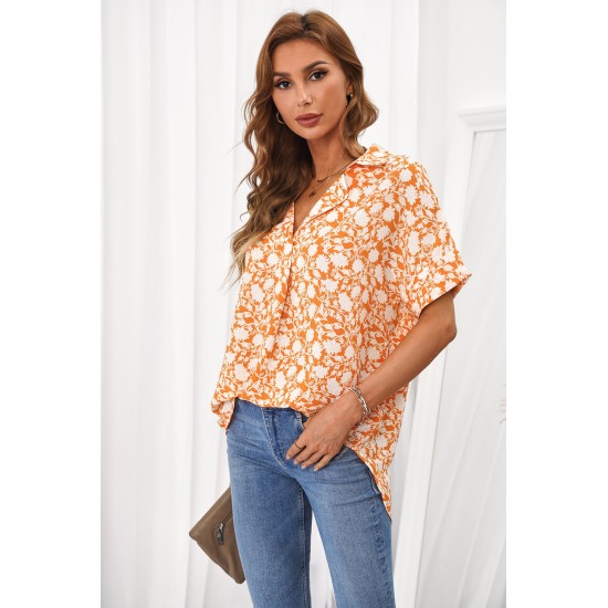 White Print V Neck Drape Front Blouse