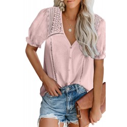 Pink V Neck Lace Crochet Short Sleeve Shirt