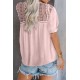 Pink V Neck Lace Crochet Short Sleeve Shirt