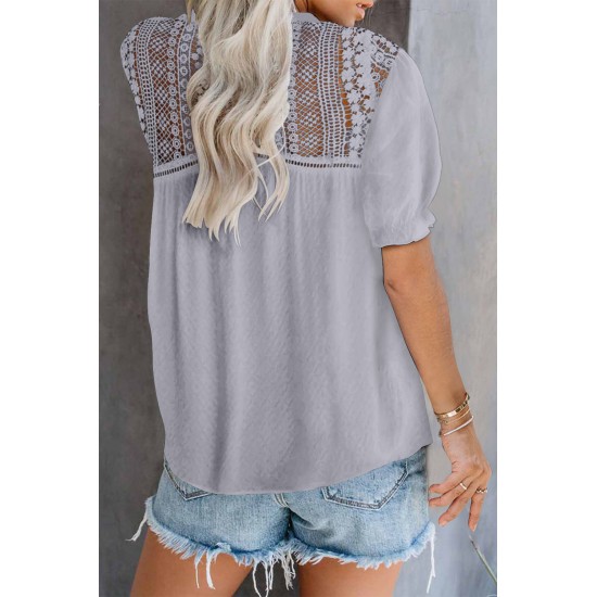 Gray V Neck Lace Crochet Short Sleeve Shirt