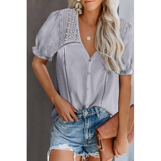 Gray V Neck Lace Crochet Short Sleeve Shirt