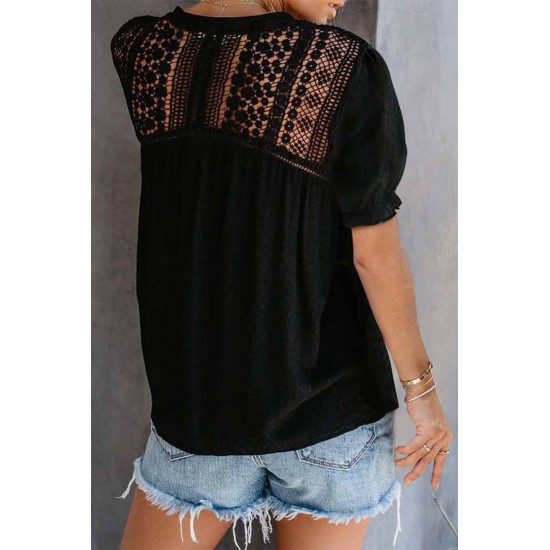 Black V Neck Lace Crochet Short Sleeve Shirt