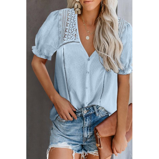 Sky Blue V Neck Lace Crochet Short Sleeve Shirt