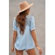 Sky Blue V Neck Lace Crochet Short Sleeve Shirt