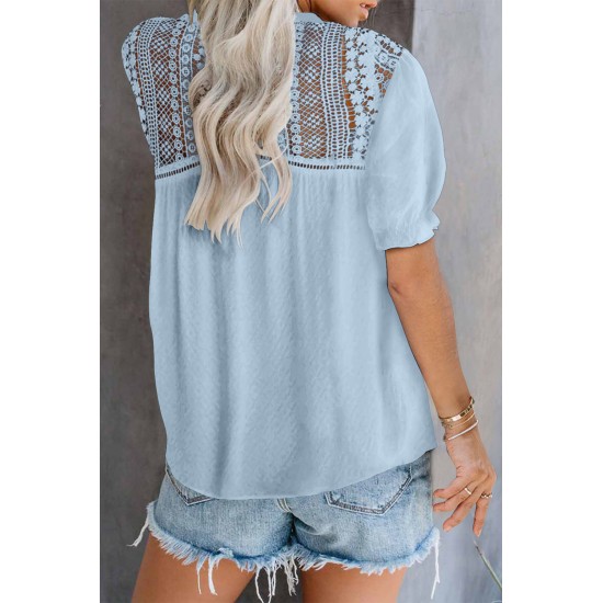 Sky Blue V Neck Lace Crochet Short Sleeve Shirt