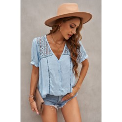 Sky Blue V Neck Lace Crochet Short Sleeve Shirt