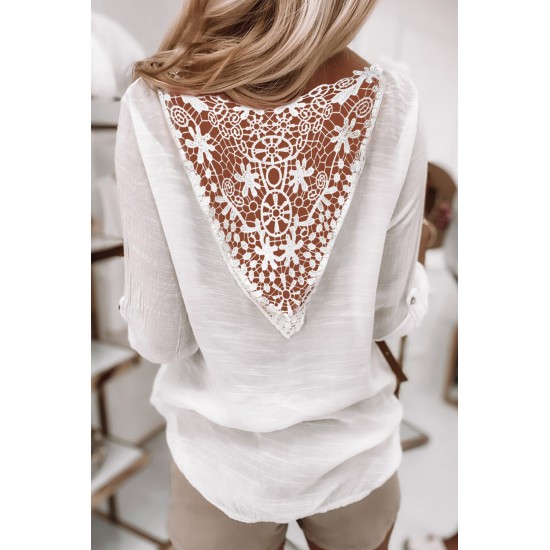 White Lace Back Button V Neck Top