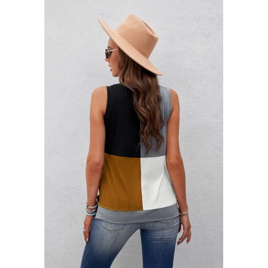 Brown Crew Neck Color Block Tank